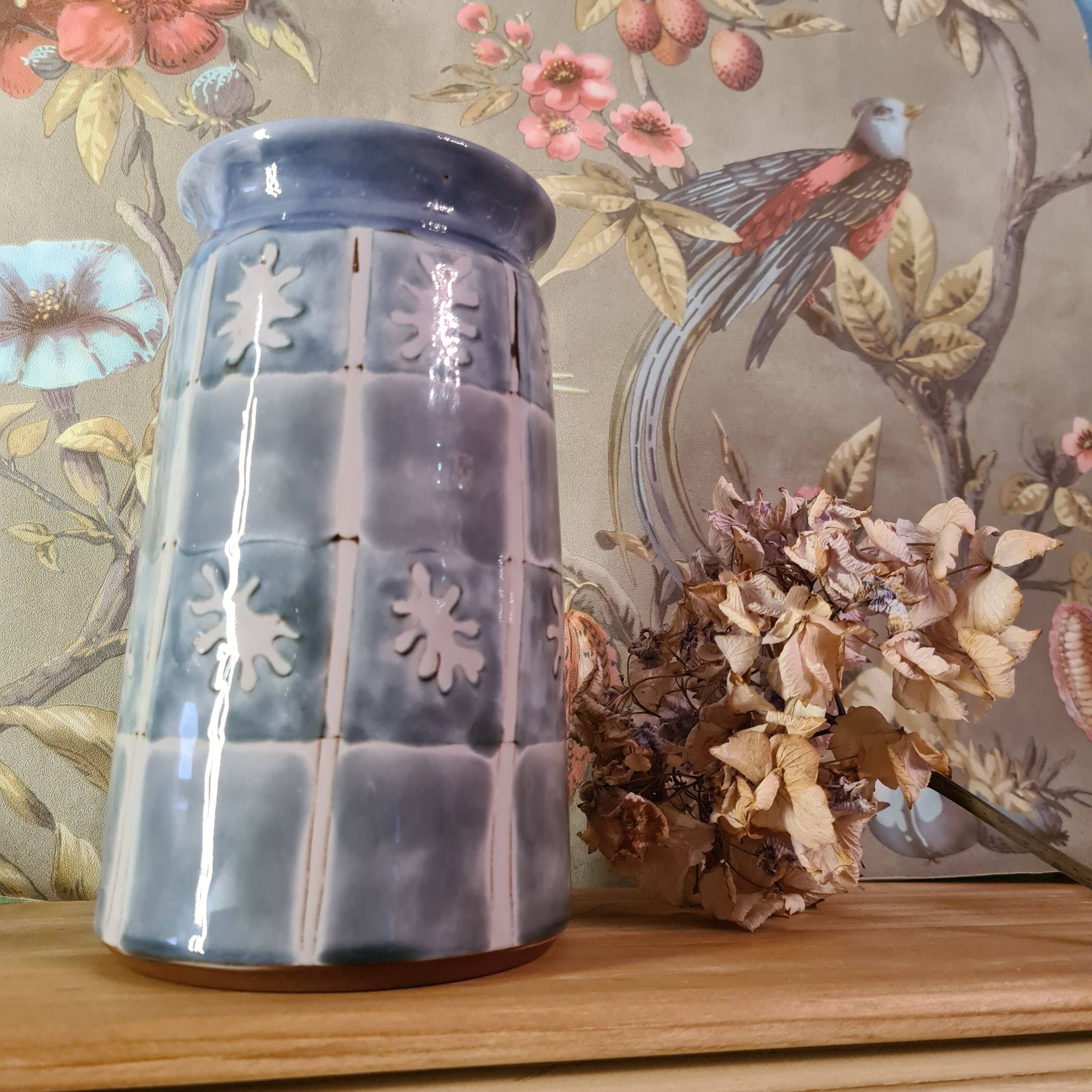 Original vase signed in blue purple glazed terracotta with pink motifs