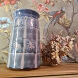 Original vase signed in blue purple glazed terracotta with pink motifs