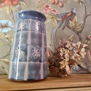 Original vase signed in blue purple glazed terracotta with pink motifs