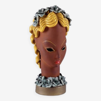 A. Patoul - Female bust with curly hair in enamelled terracotta