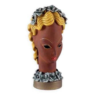 A. Patoul - Female bust with curly hair in enamelled terracotta