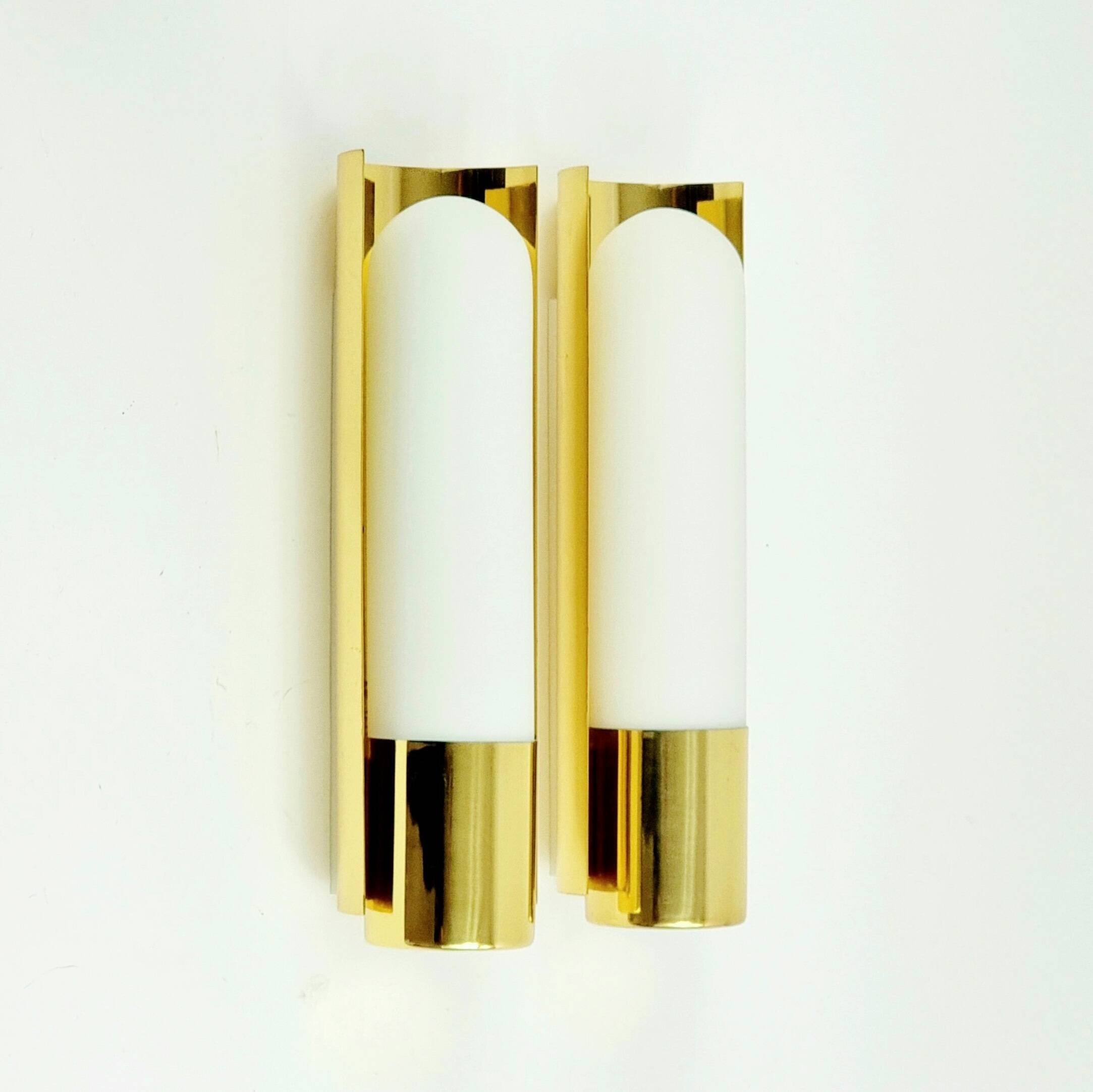 Pair of Hollywood Regency Wall Lights Brass & Opaline Glass Limburg, 1970s