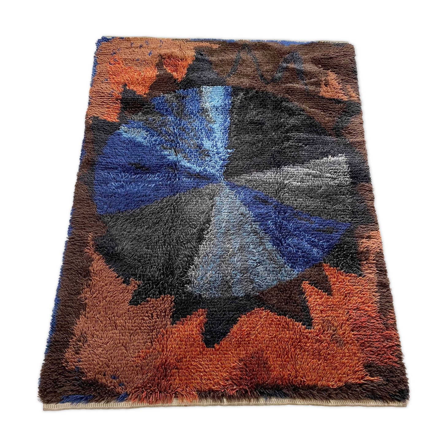 Abstract Scandinavian Multicolor High Pile Rya Rug Carpet, Sweden, 1960s