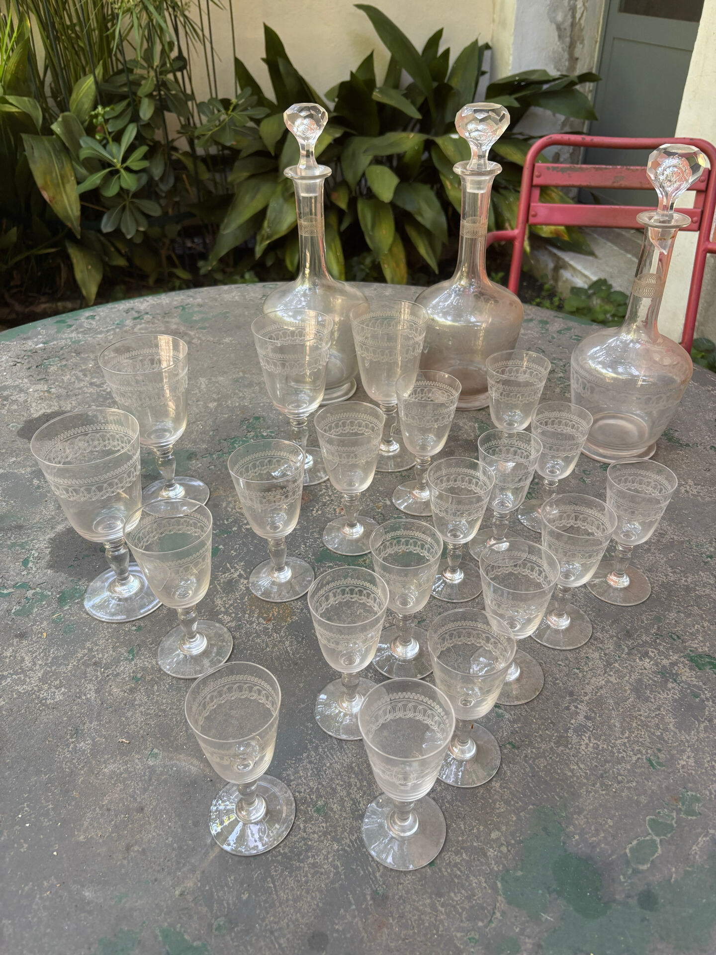 Antique engraved crystal liqueur service? St Louis model early 20th century.