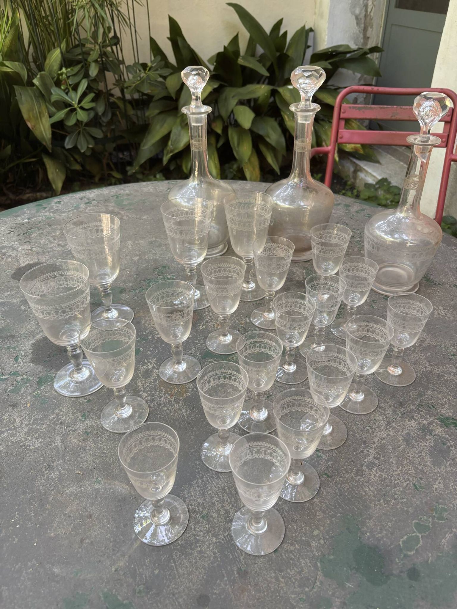Antique engraved crystal liqueur service? St Louis model early 20th century.