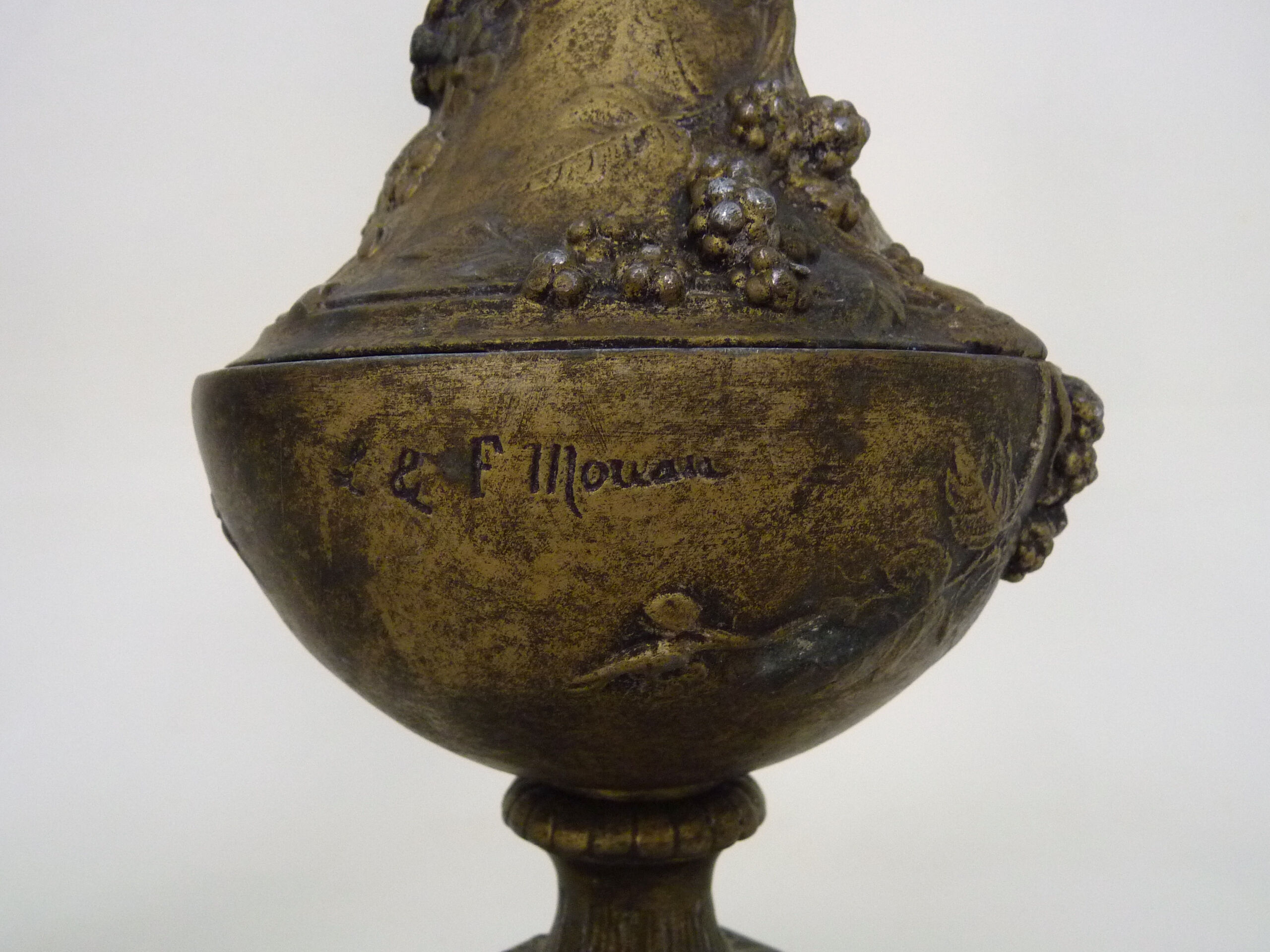 Pair of art nouveau vases in regulation on marble base signed l and f moreau