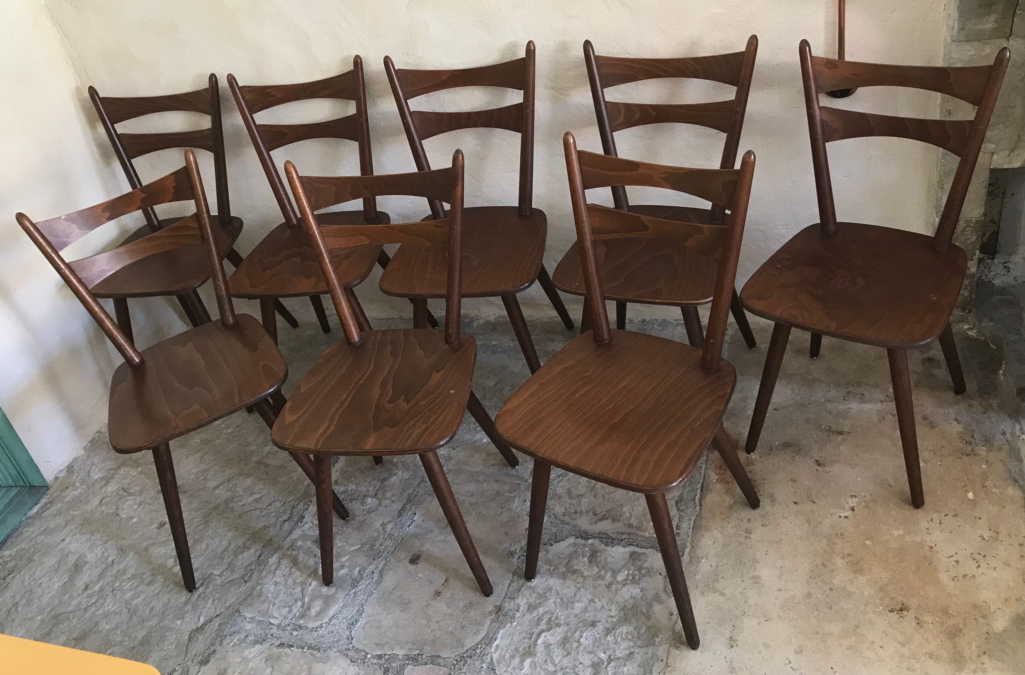 Set of 8 vintage chairs 1960 in beech compass feet