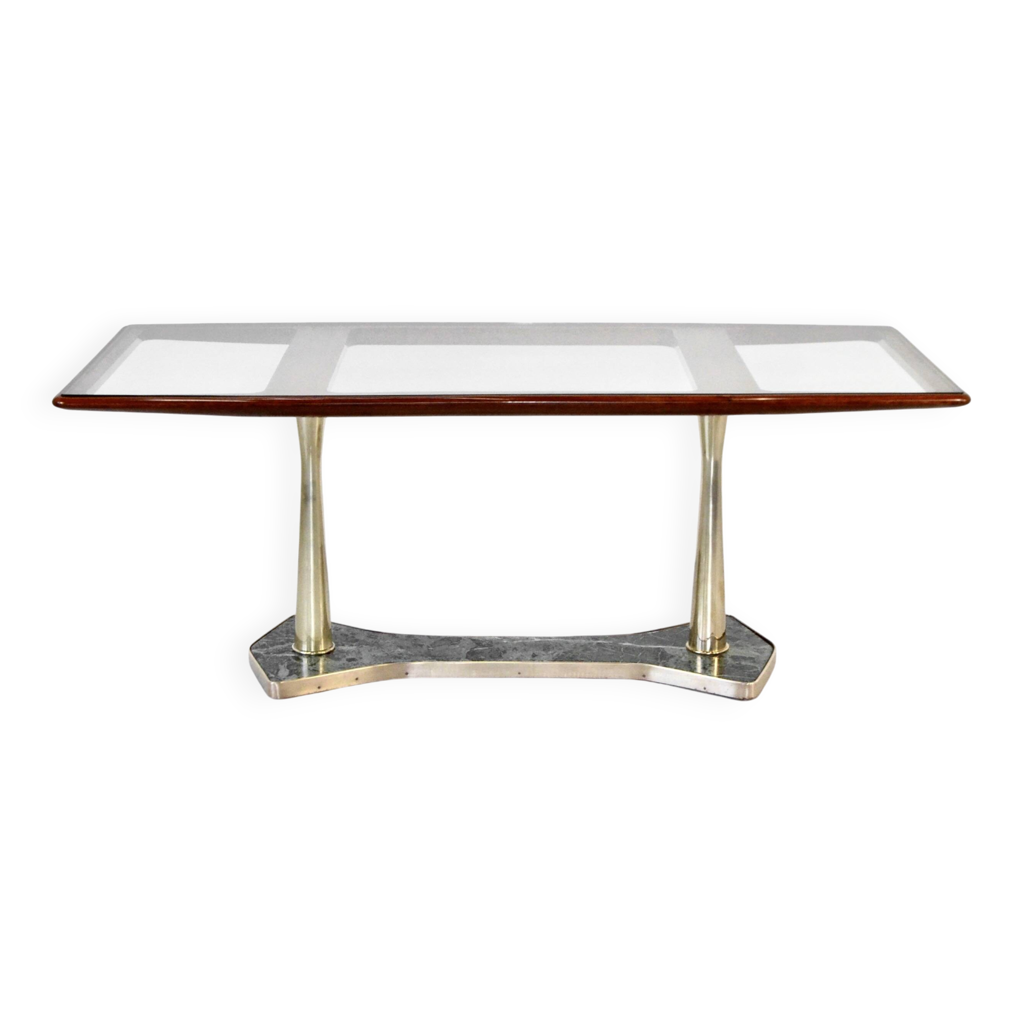 Table à manger italienne du milieu du siècle en acajou, laiton, marbre.