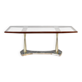 Table à manger italienne du milieu du siècle en acajou, laiton, marbre.