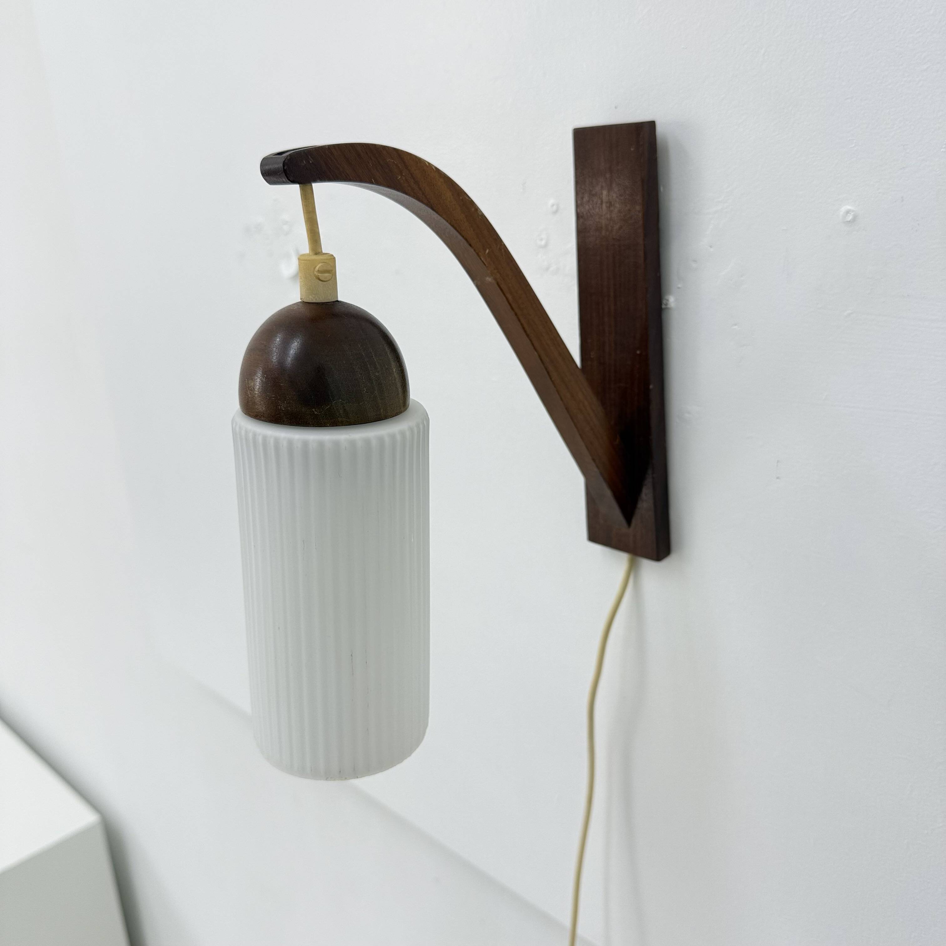 Vintage Scandinavian wall lamp with teak and opaline glass shade , 1960s