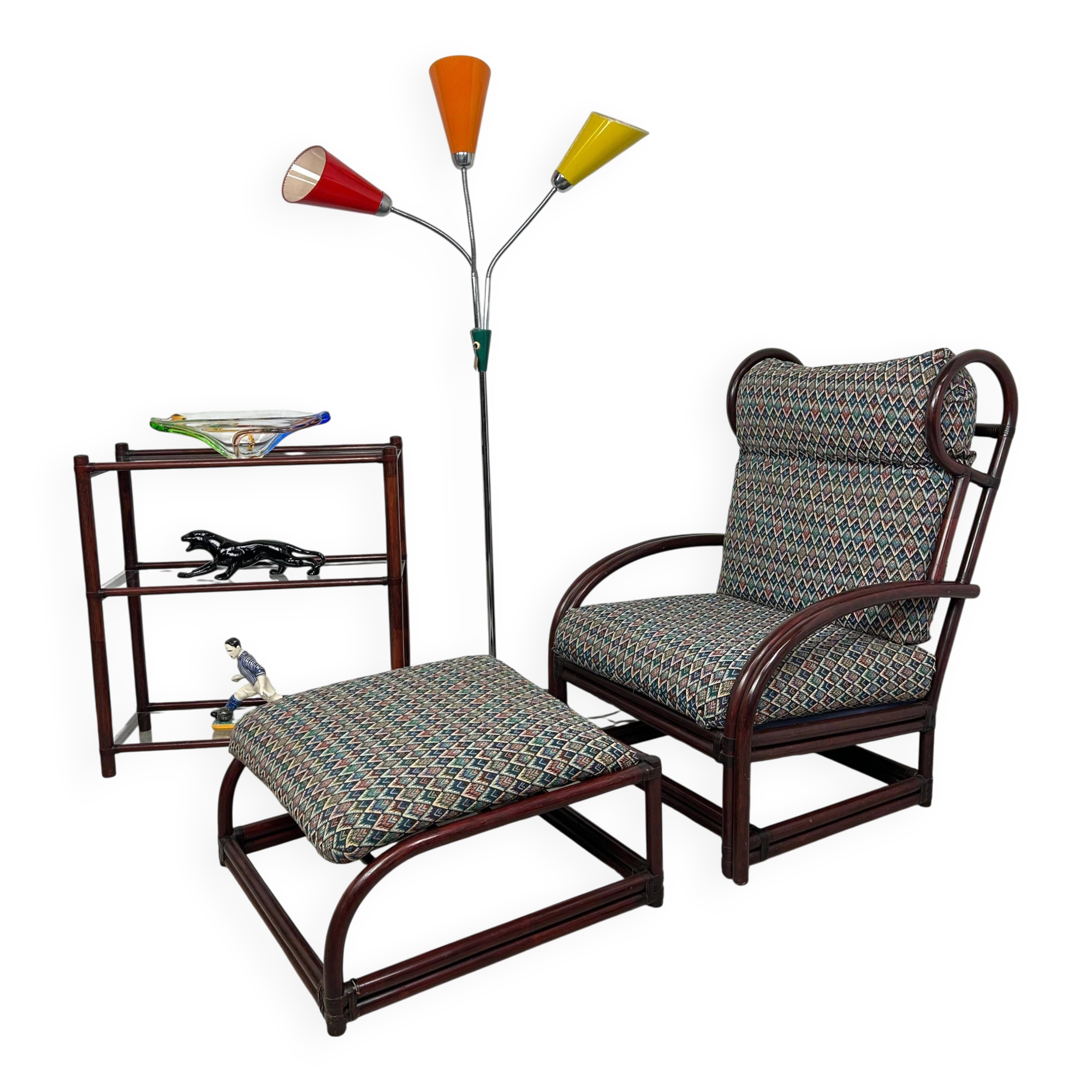 Fauteuil à oreilles en bambou de style milieu du siècle avec tabouret par Gervasoni