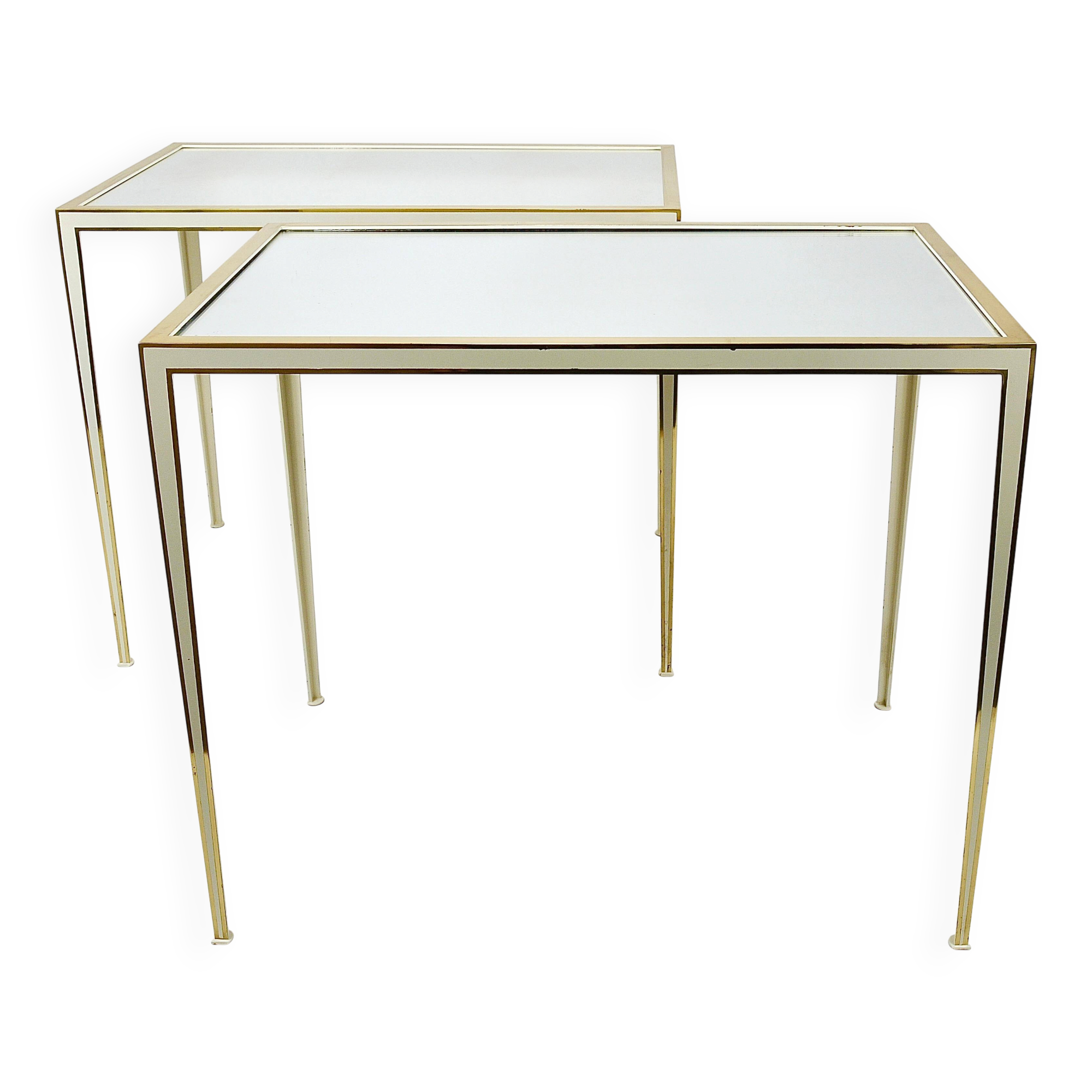 A pair of brass and white mirror tables from Vereinigte Werkstätten, Germany, 1970s.