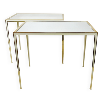 A pair of brass and white mirror tables from Vereinigte Werkstätten, Germany, 1970s.