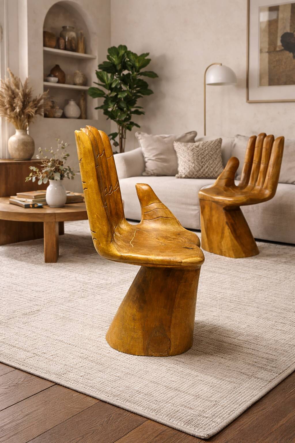 Sculptural armchair in solid wood – hand shape