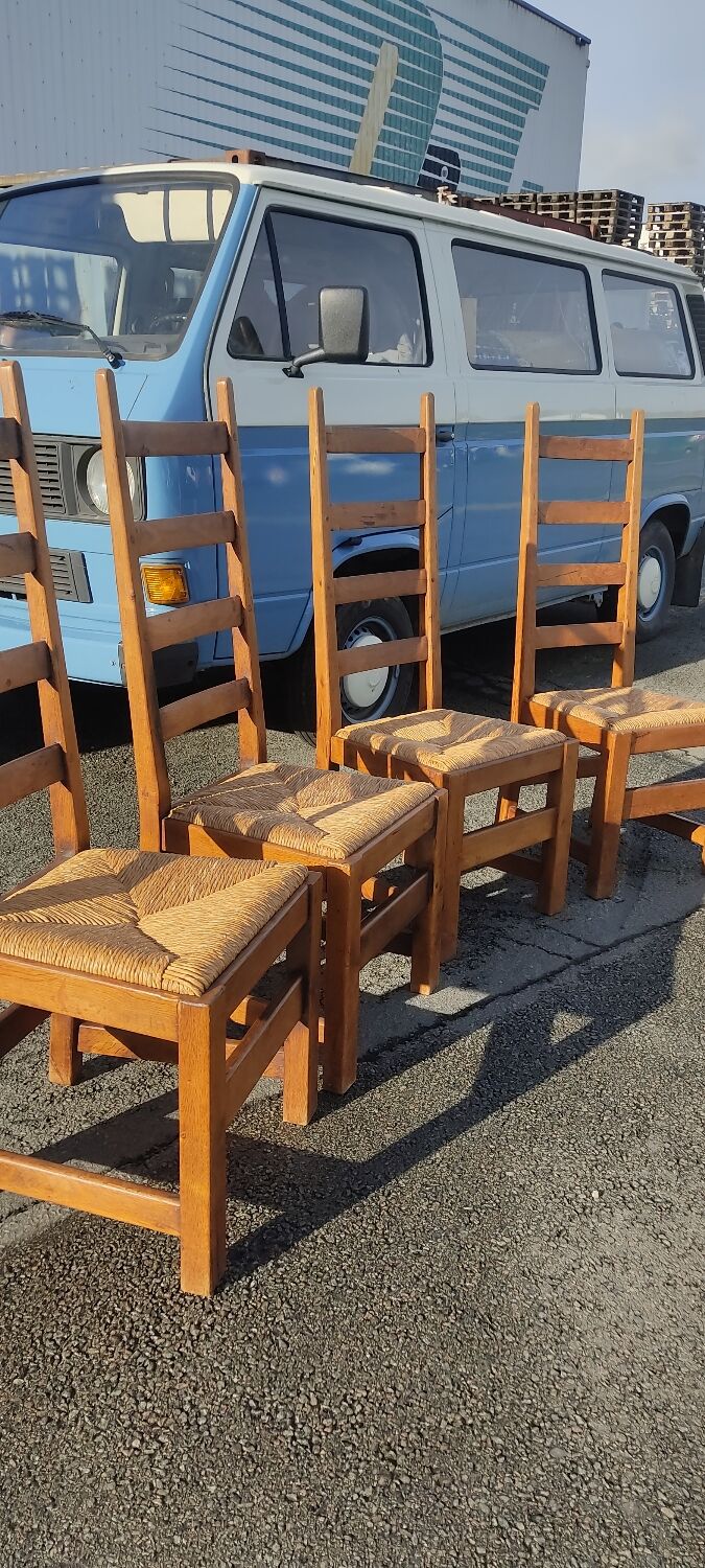Ensemble de 4 chaises bois paille brutaliste