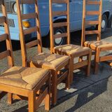 Set of 4 brutalist straw wood chairs