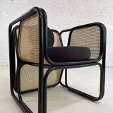 Fauteuil cubique en rotin noir et cannage