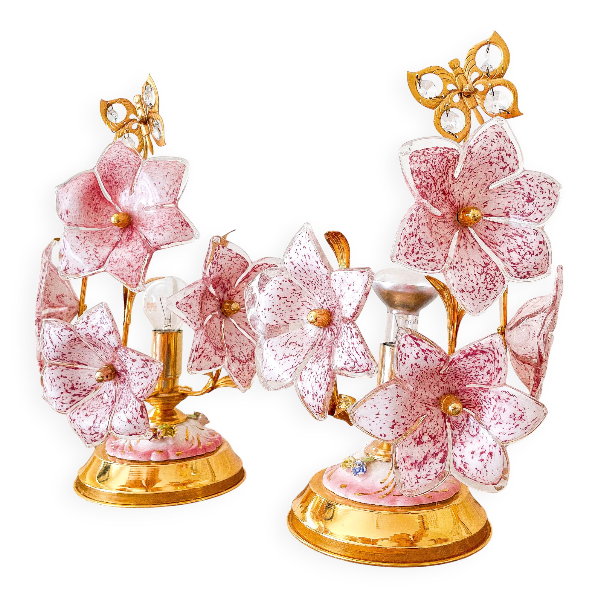 Vintage Murano table lamps, pink blown glass and gold details, pair.