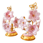 Vintage Murano table lamps, pink blown glass and gold details, pair.