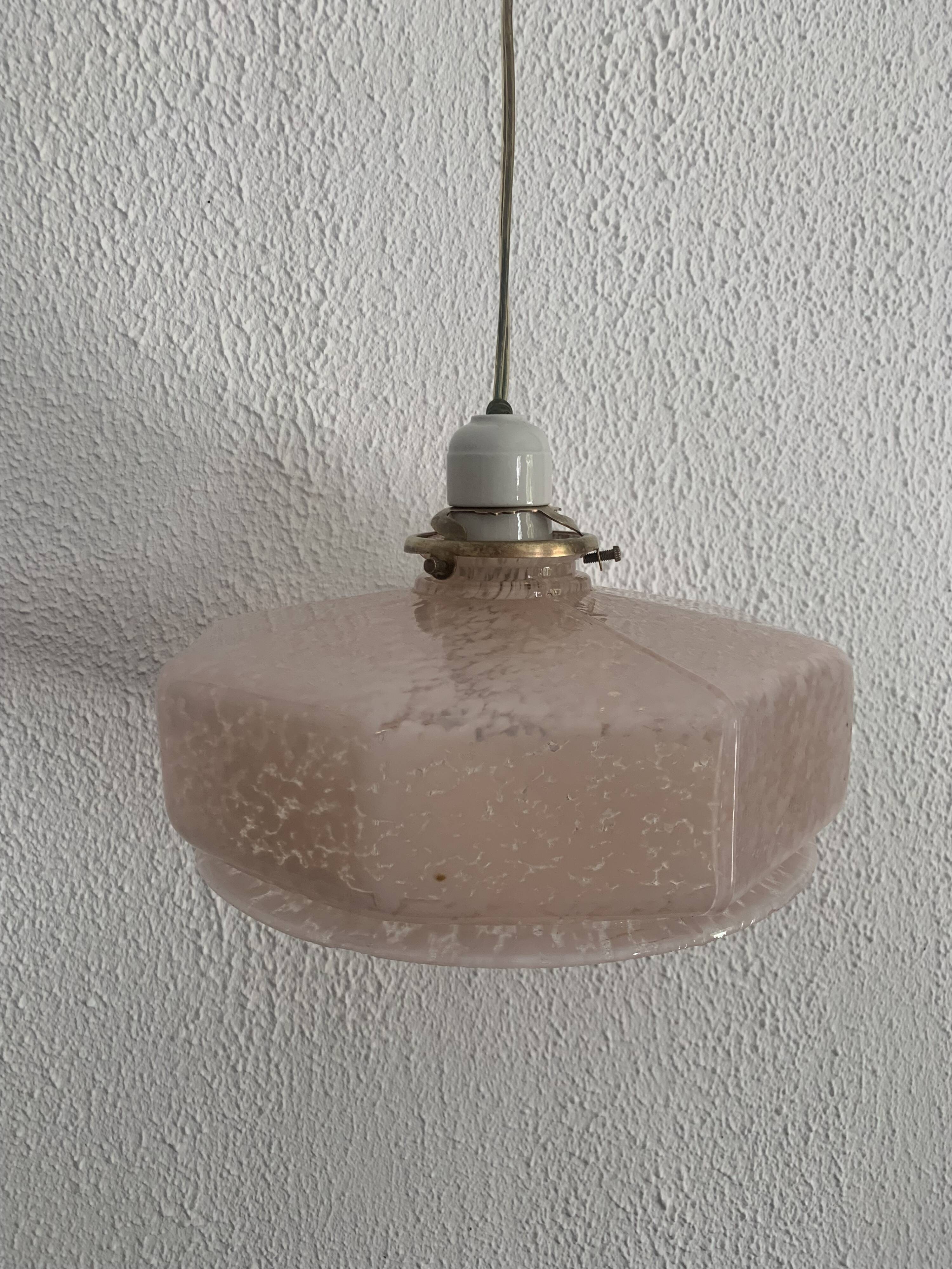 Vintage 1930s suspension pink clouded glass chandelier - 60 cm