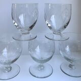 Set of 5 round crystal wine glasses engraved 50s