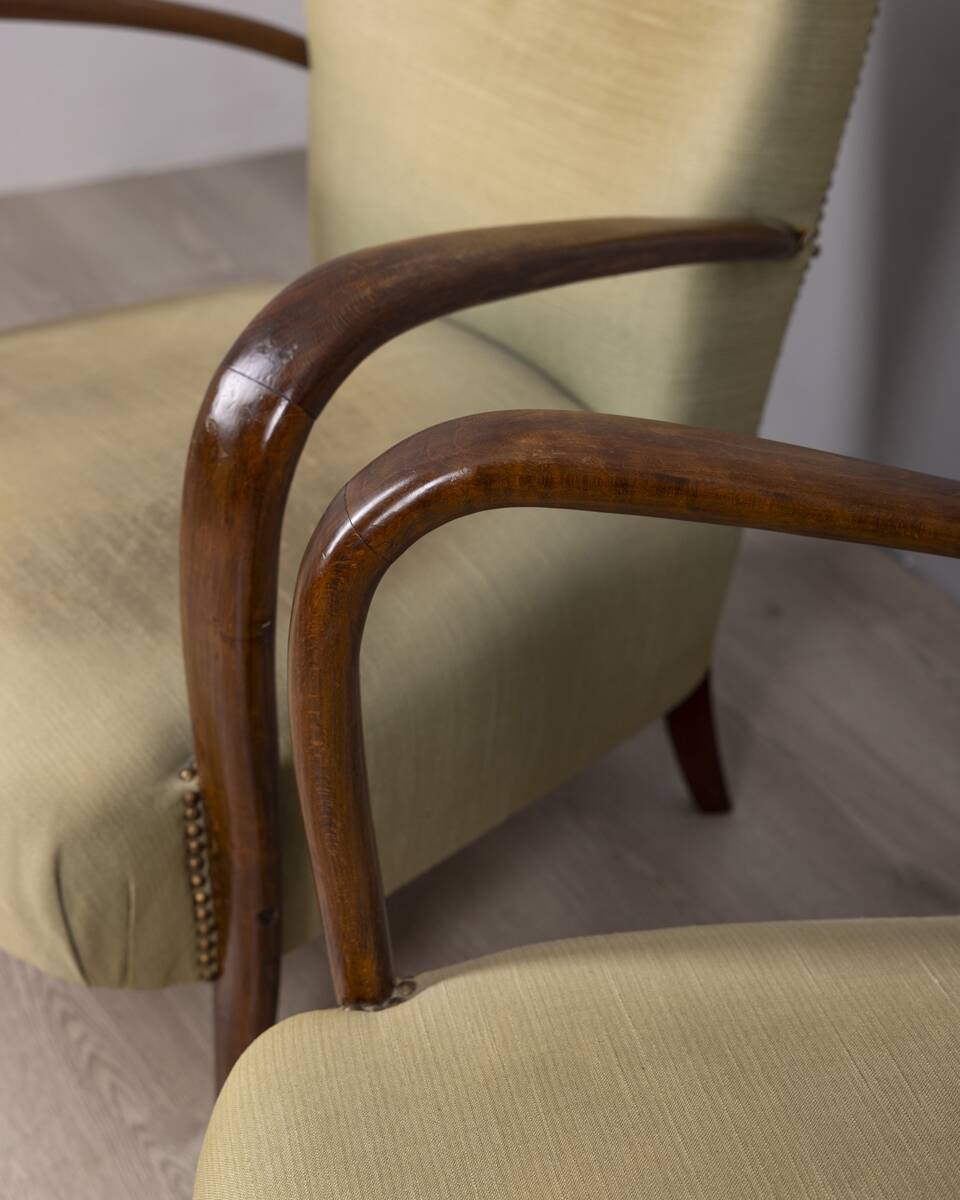PAIR OF VINTAGE 1940S ARMCHAIRS IN WOOD AND FABRIC, ITALIAN DESIGN