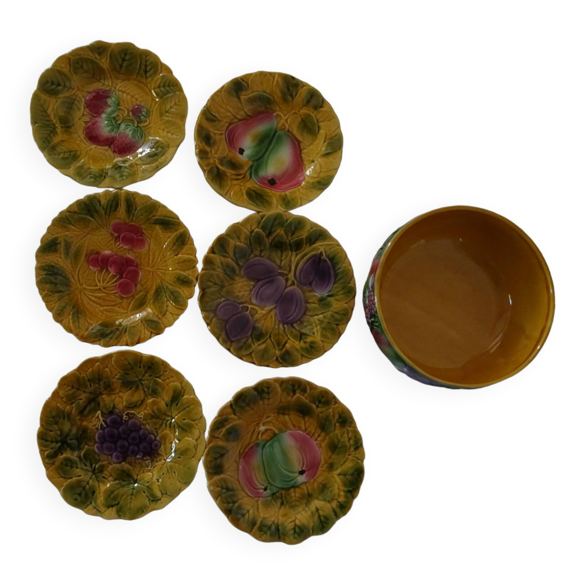 Dessert set salad bowl and 6 plates 541023 fruits barbotine sarreguemines