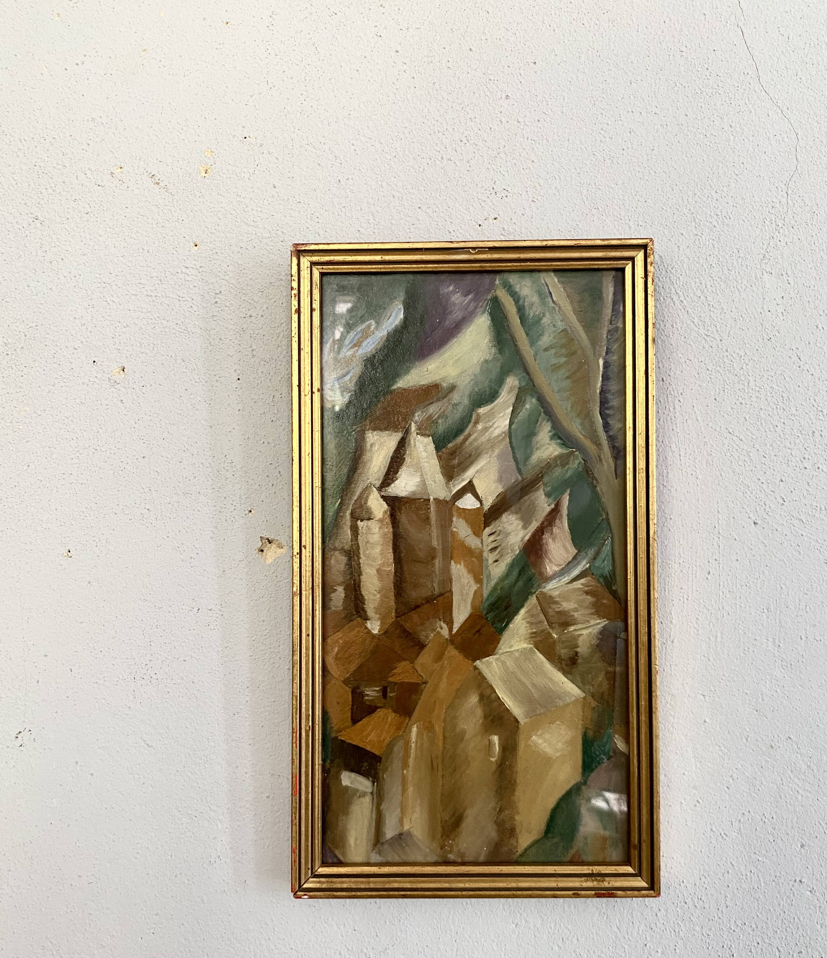 Modernist oil painting from the 70s under glass.