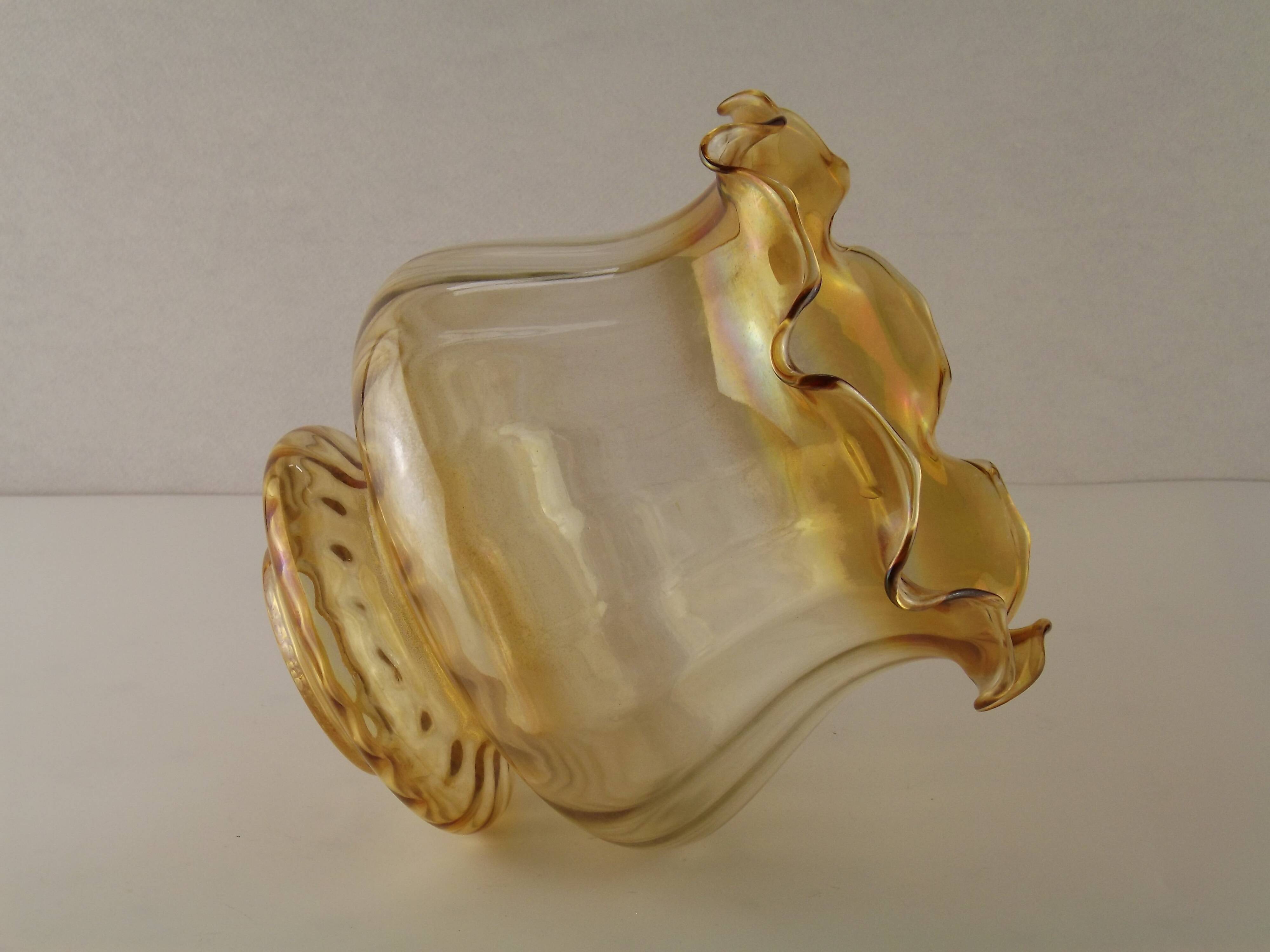Large Mid Century Amber Glass Light Shade With Ribbed Effect & Frilled Edge