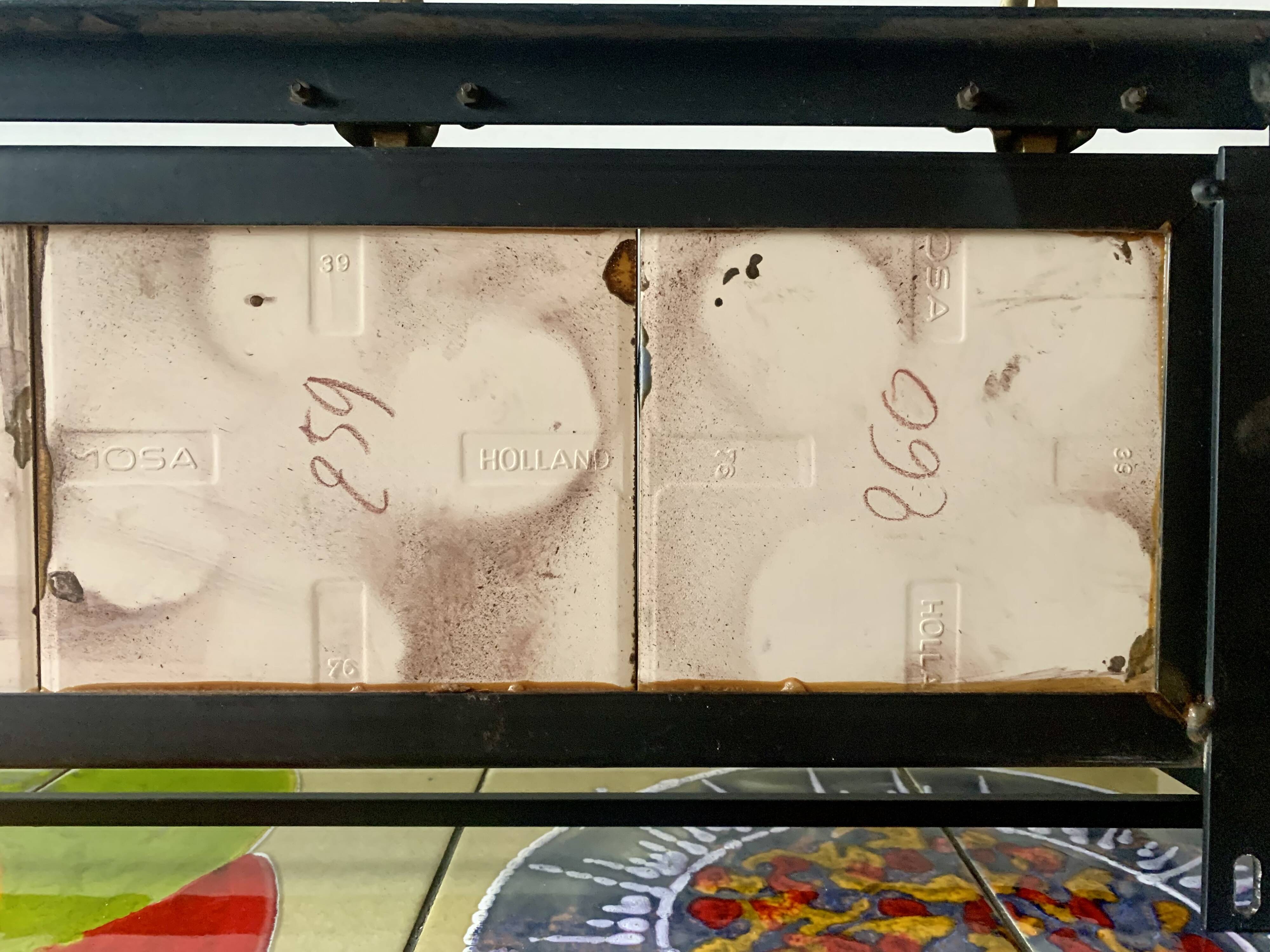 Vintage wall-mounted coat rack in steel, brass and ceramic