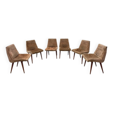Set of six chairs by Robert DEBIEVE in wood and fabric, France 1950.