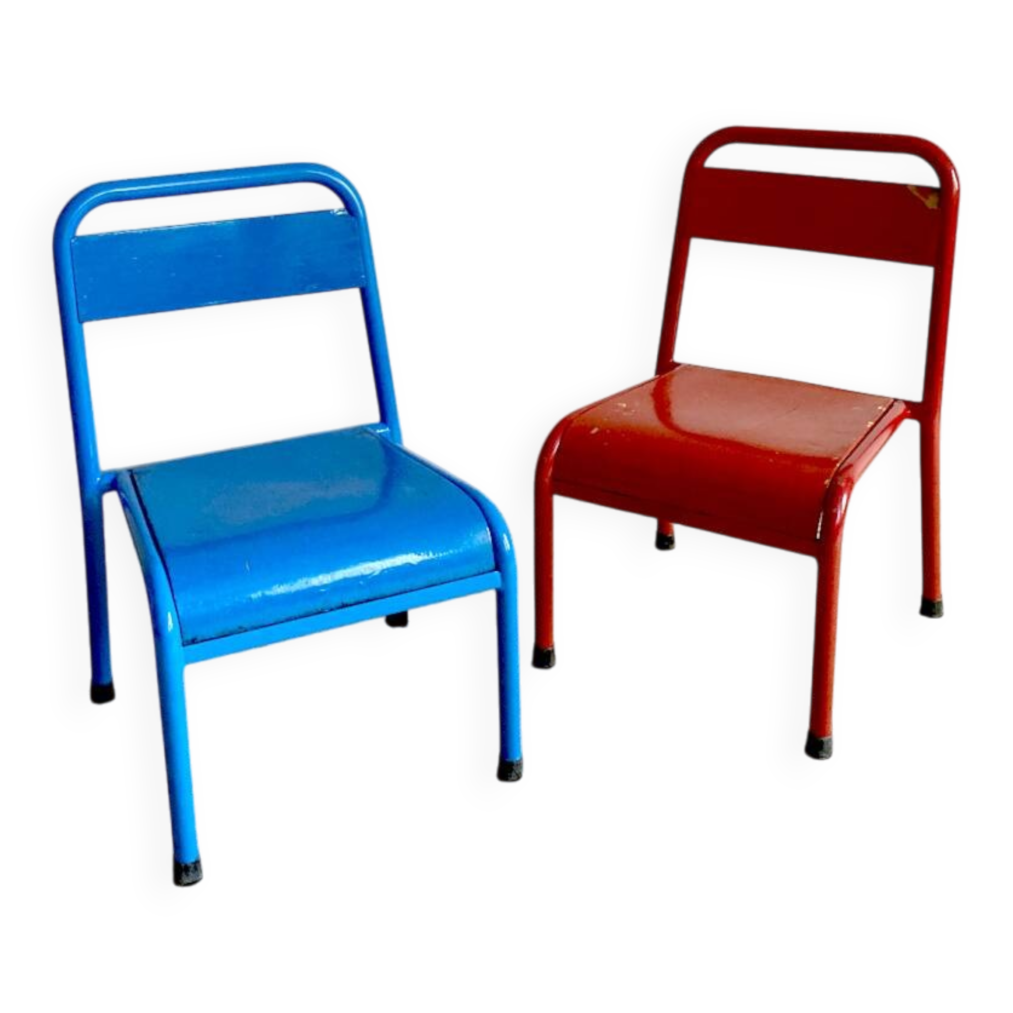 Pair of Mullca nursery chairs in metal and wood painted red and blue