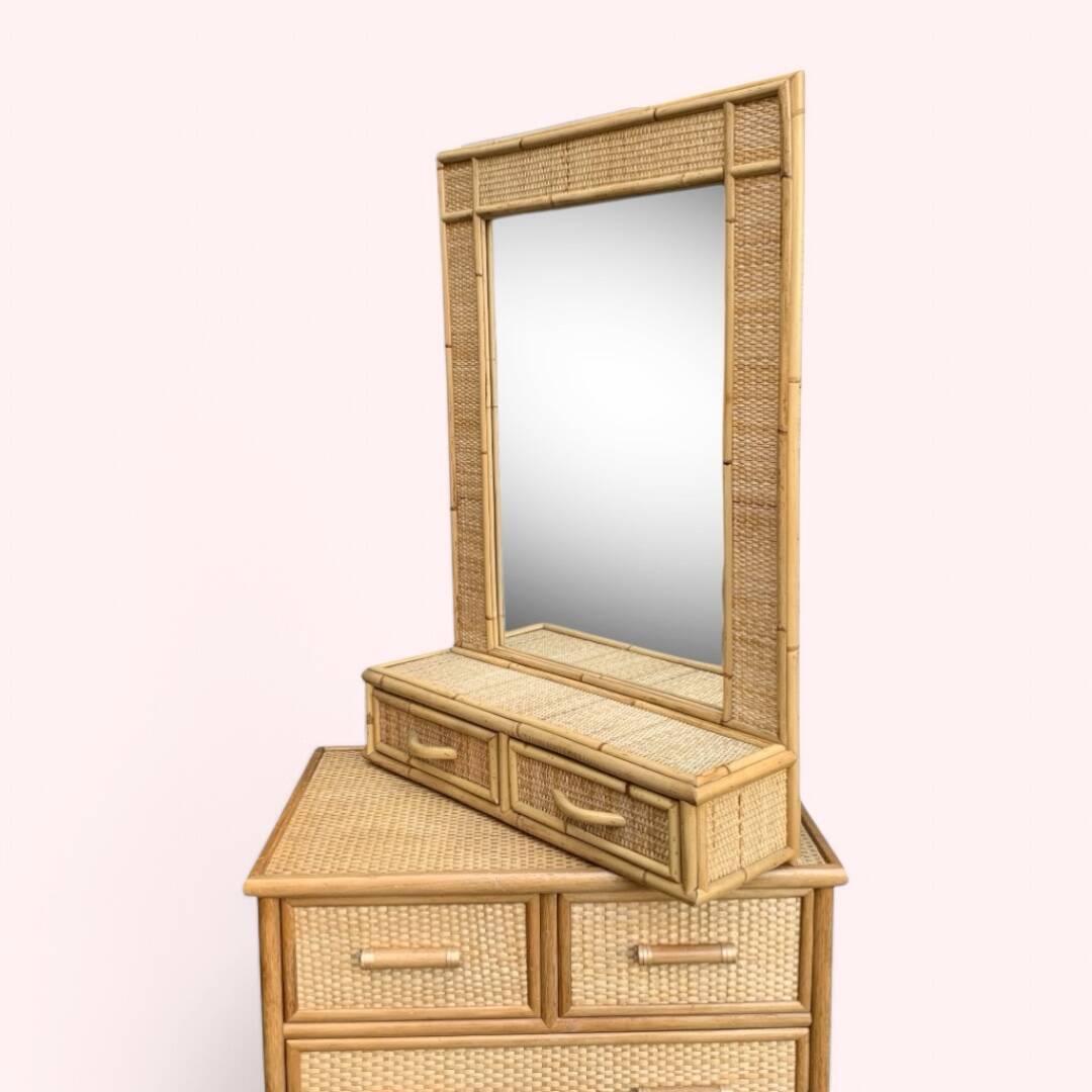 Rattan and woven wicker chest of drawers and mirror, 1970