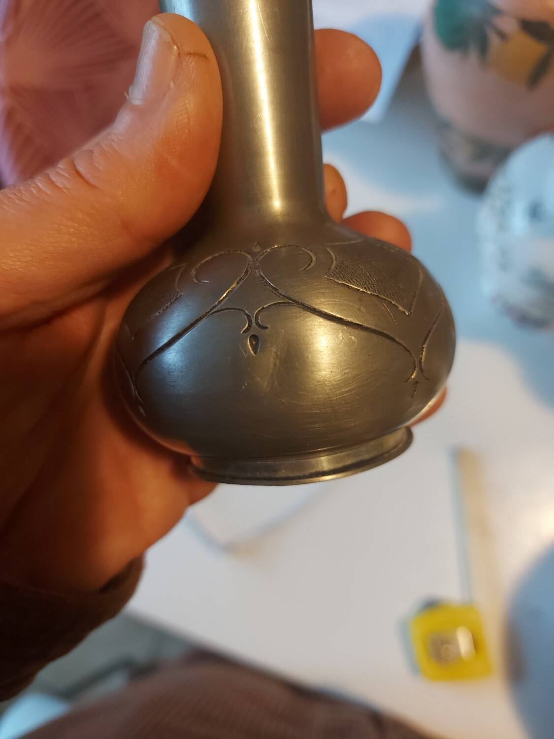 Single-stem vase in pewter signed Leboeuf