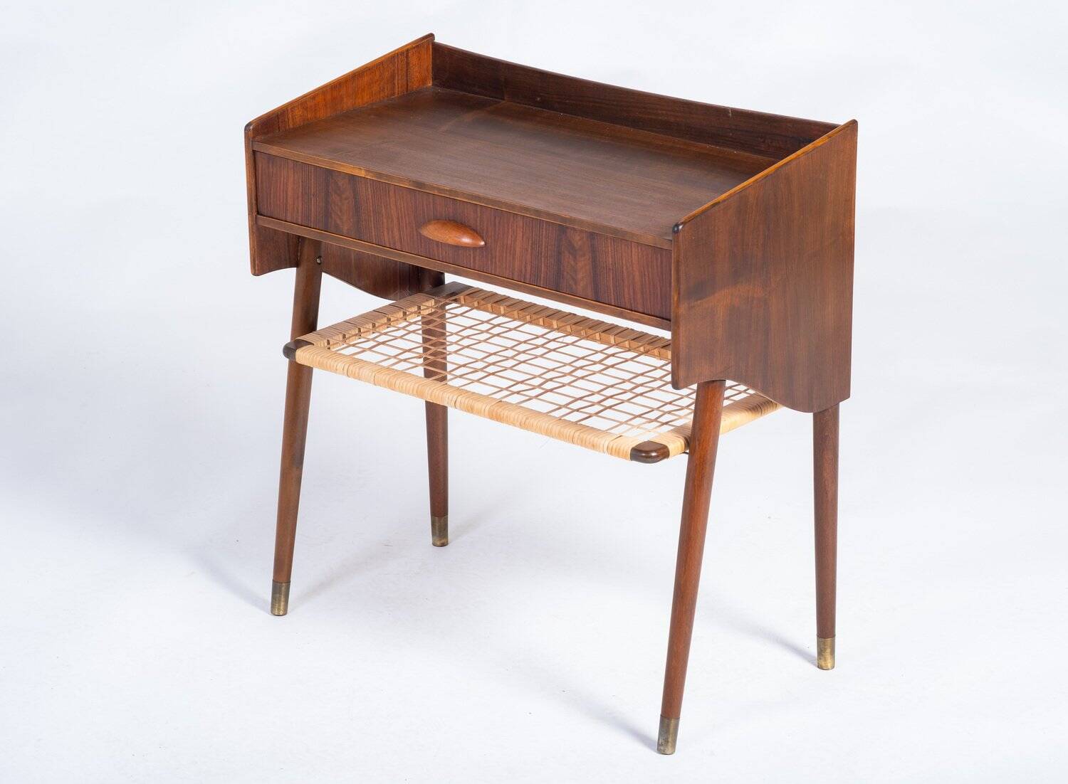 Side Table in Rosewood with Drawer and Rattan Shelf, Denmark, 1960s
