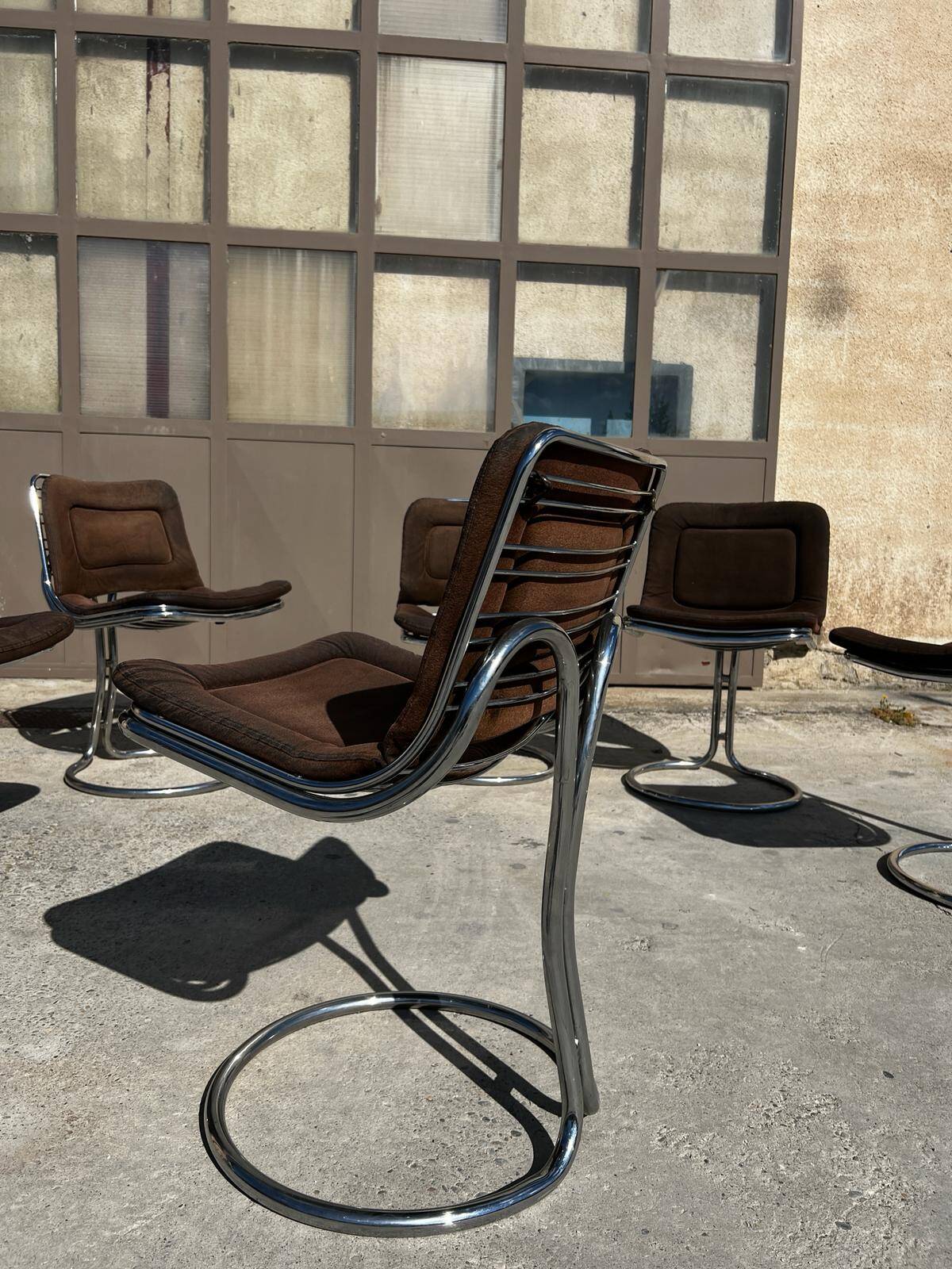 Set of 6 vintage Gastone Rinaldi style chrome steel chairs