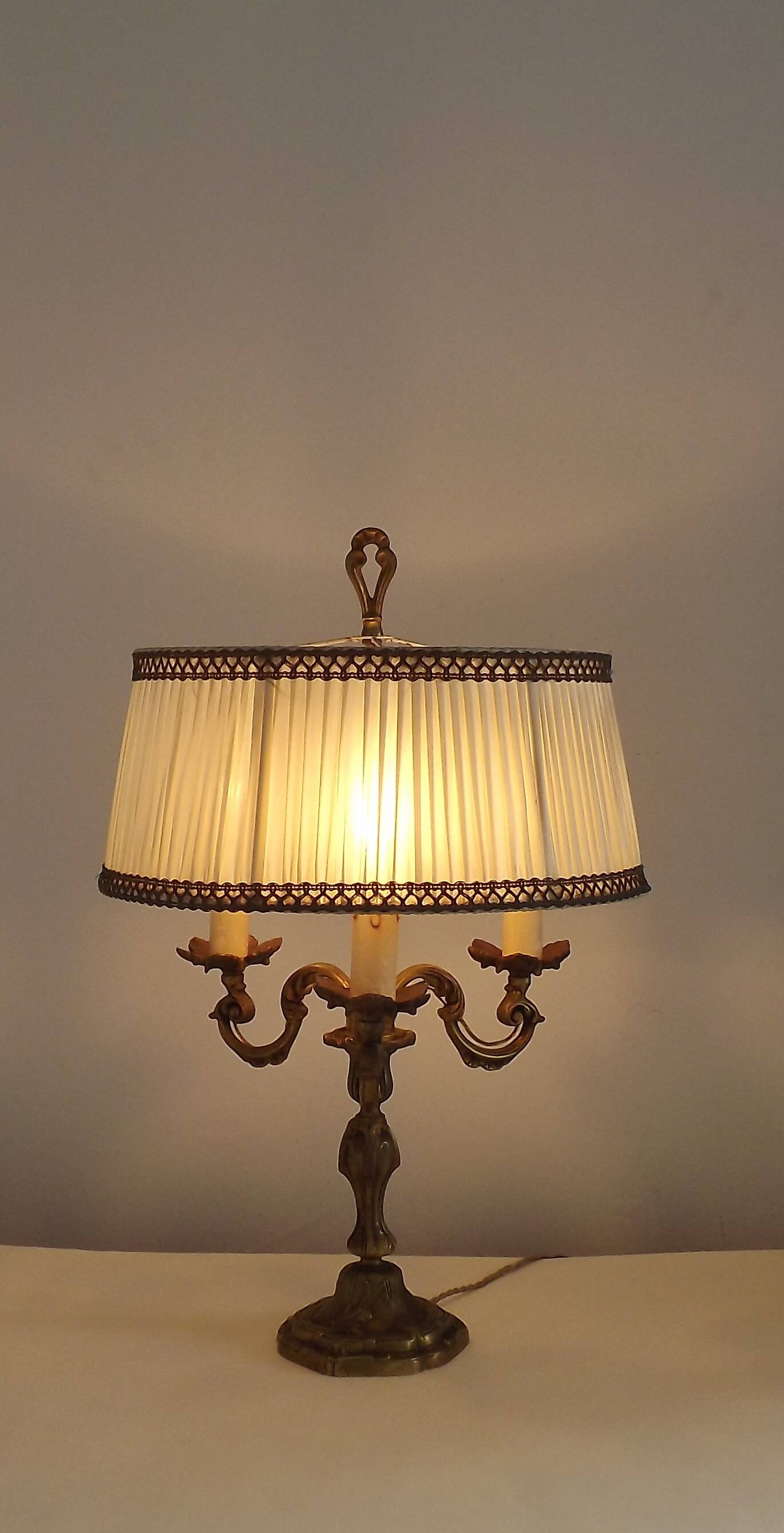 Bronze French Antique Art Nouveau 3-Light Candelabra Lamp Pleated Shade