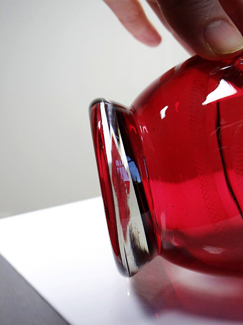 Small carafe, glass/crystal, antique ruby glass, engraved, 19th-20th century.