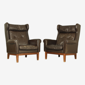 Pair of Scandinavian Leather Wing Chairs, 1970s