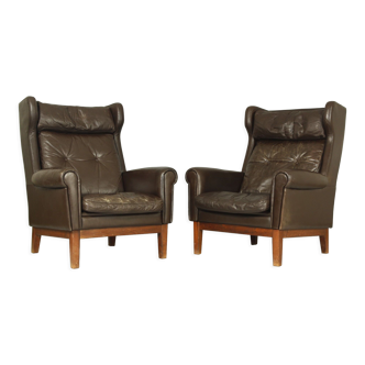 Pair of Scandinavian Leather Wing Chairs, 1970s