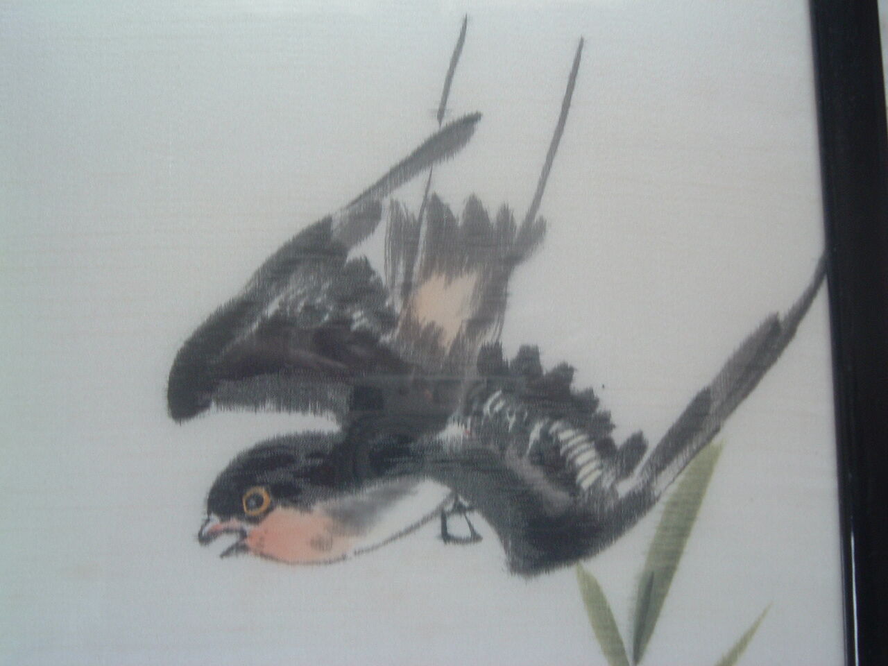 Framed chinese painting on silk, swallows flying on cherry blossoms, south china xx°