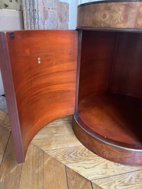 Drum side table in wood burl with door