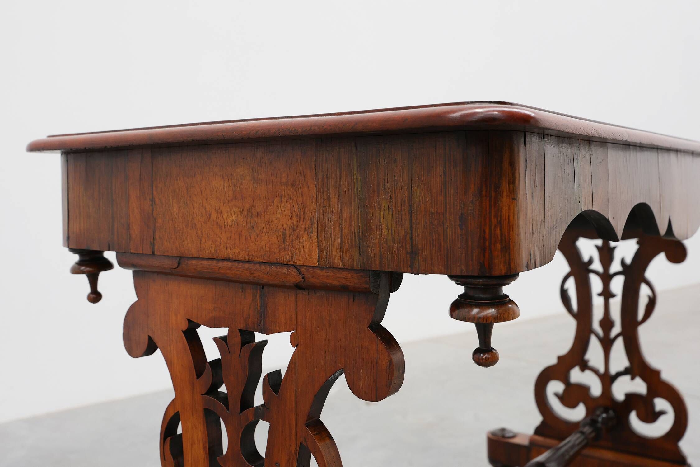 Victorian Walnut Side Table with Inlaid Top and Pierced Scroll Ends, Englan