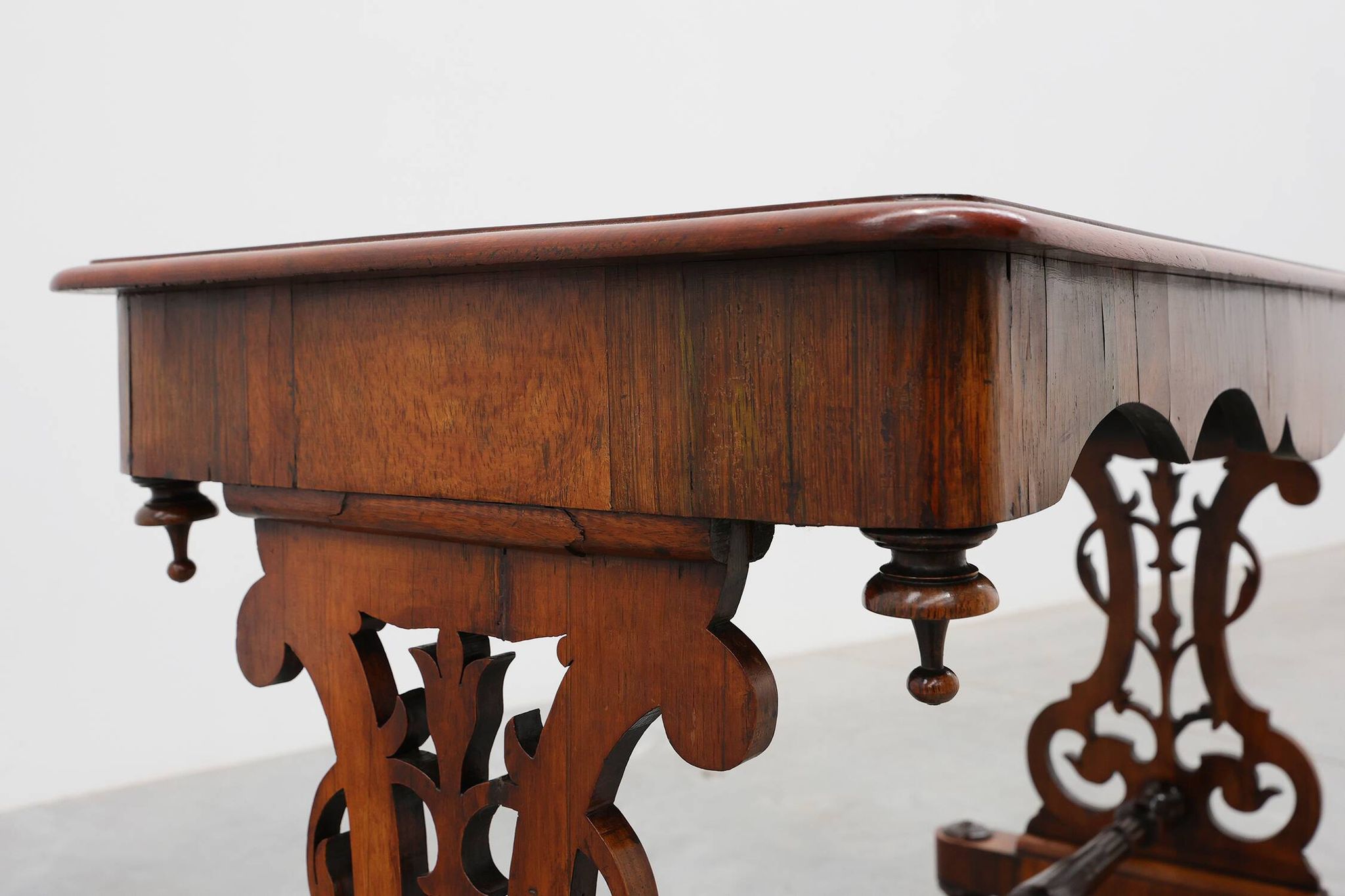 Victorian Walnut Side Table with Inlaid Top and Pierced Scroll Ends, Englan
