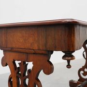 Victorian Walnut Side Table with Inlaid Top and Pierced Scroll Ends, Englan