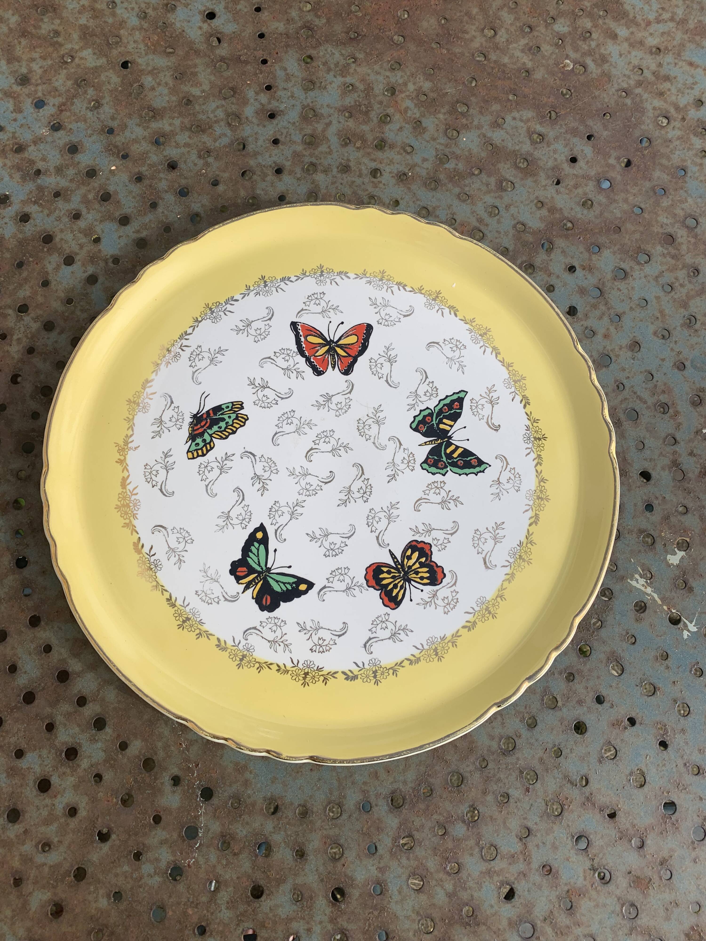 Cake dish, earthenware, yellow with multi-colored butterflies, Moulin des loups, Northern Orchies