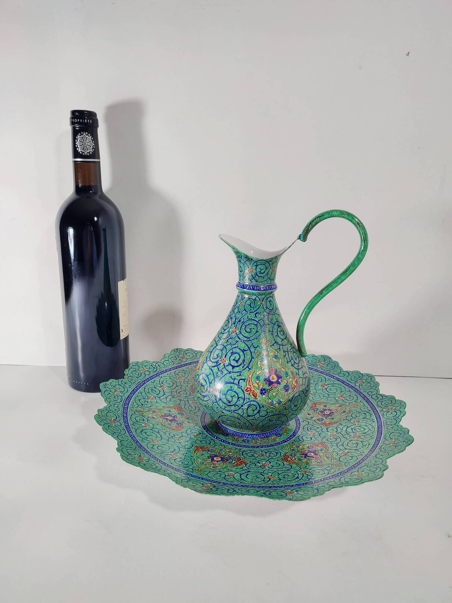 Minakari Signed Enameled Sheet Metal Ewer and Dish / 20th Century Middle East / Jug