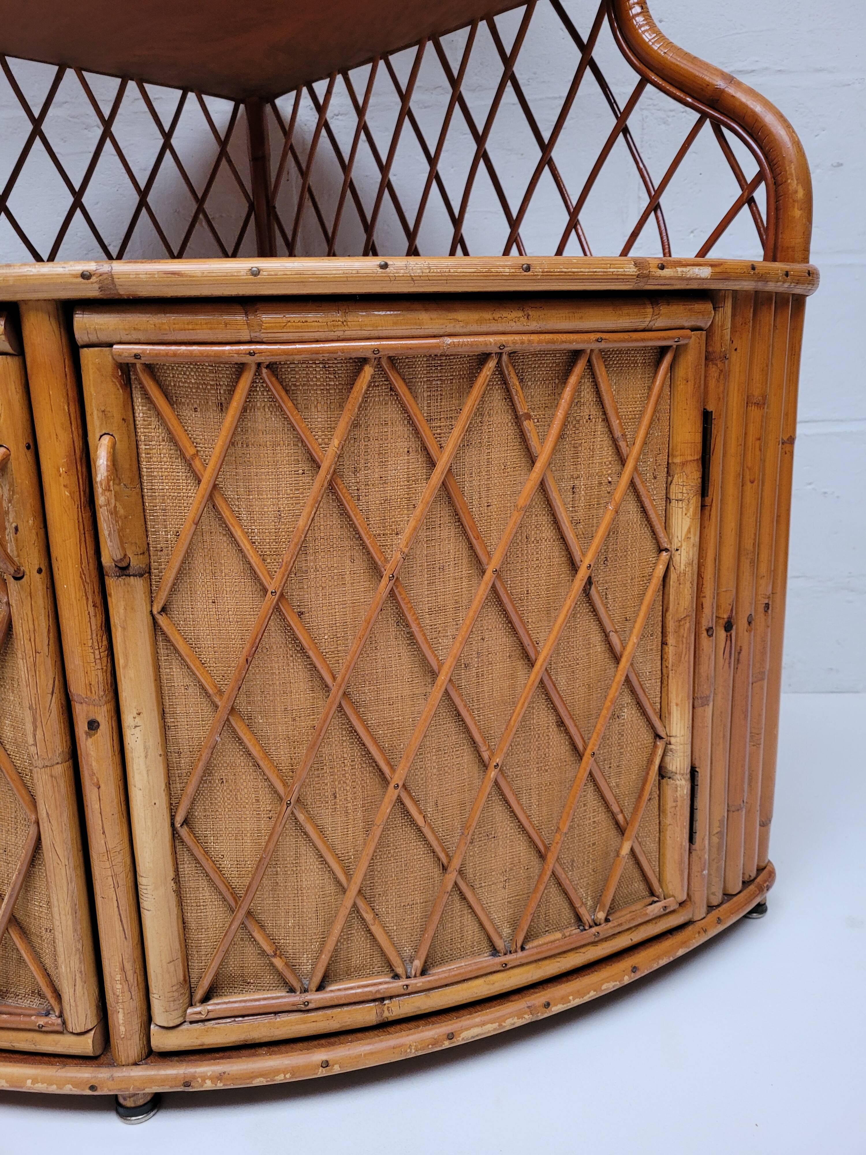 1960s vintage corner rattan bookshelf