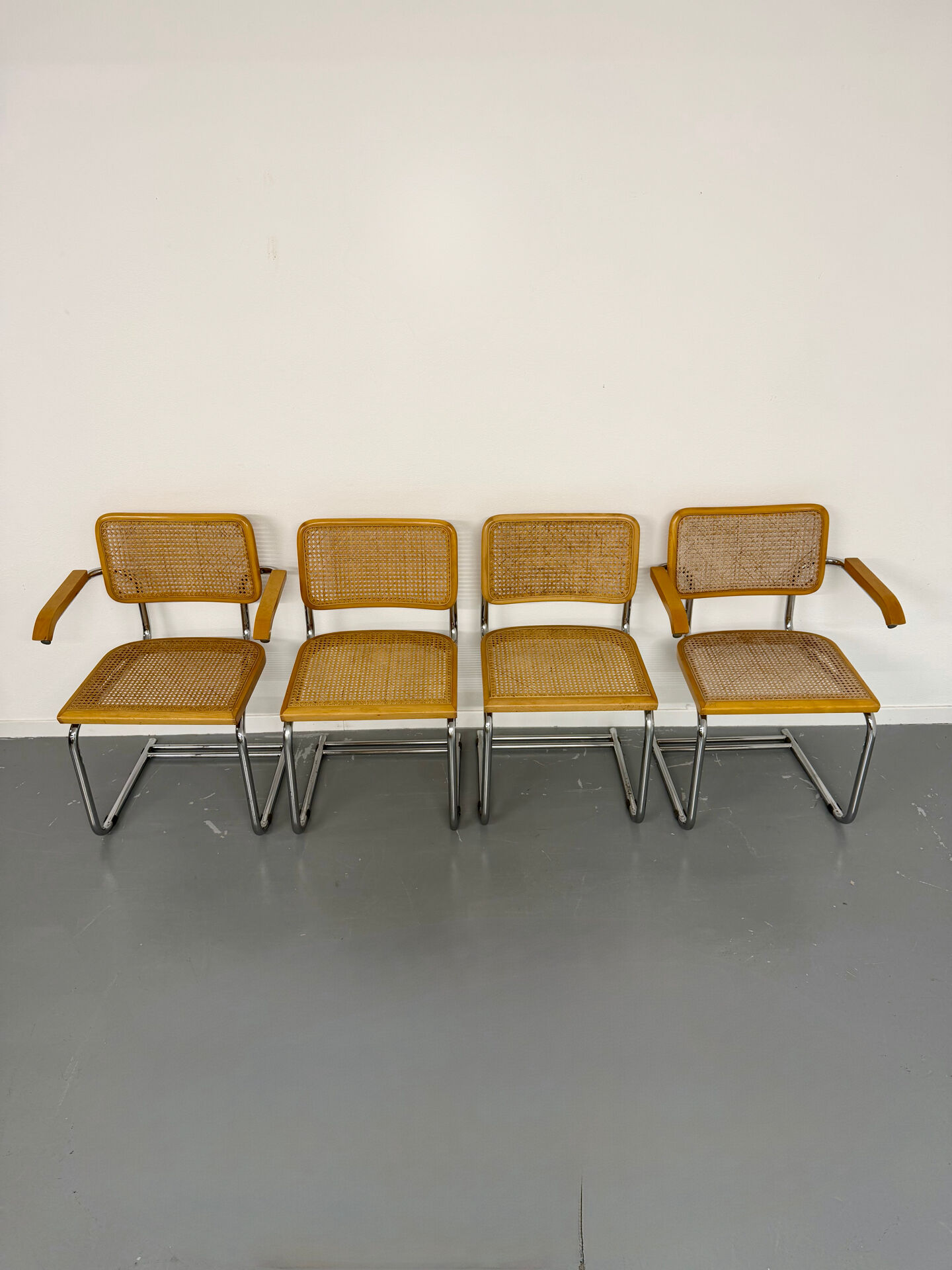 Set of 4 cane cantilever chairs and armchairs, Cesca, 1970s.