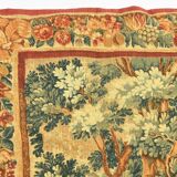 Printed green tapestry depicting birds in the park of a castle